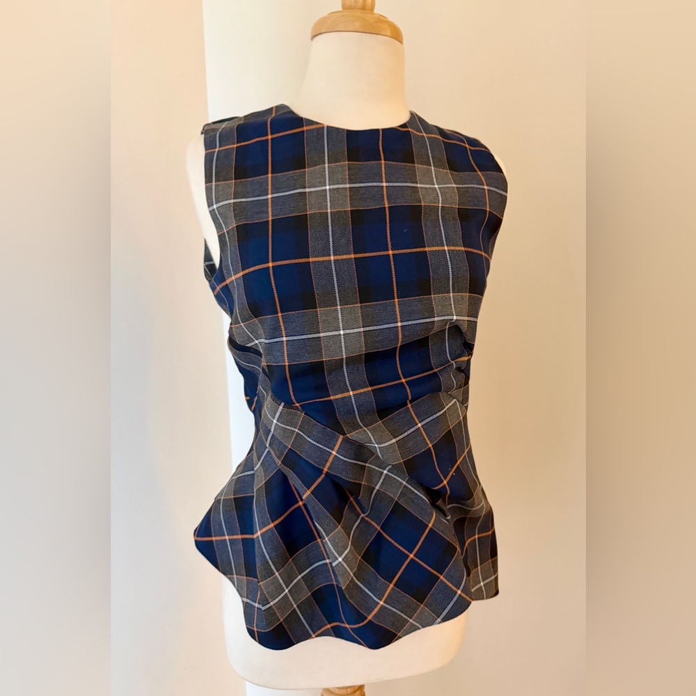 Zara Navy and Charcoal Plaid Blouse